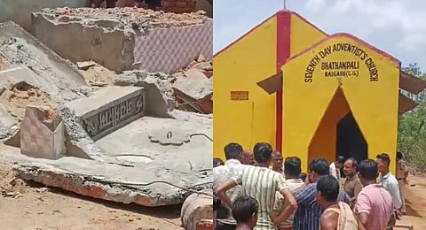 Dismantled temple rubble (L) and the church which was targeted to be dismantled in retaliation(R)