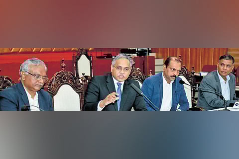 Director General of Shipping Shyam Jagannathan, Nautical Advisor to the Government of India Captain Abdul Kalam Azad, Chief Surveyor Ajith Sukumaran, and Principal Officer of the Mercantile Marine Department (Kochi) J Senthil Kumar address the media in Kochi on Wednesday