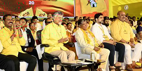 CM Nara Chandrababu Naidu, ministers and MLAs during the day two of Mahanadu in Kadapa on Wednesday.