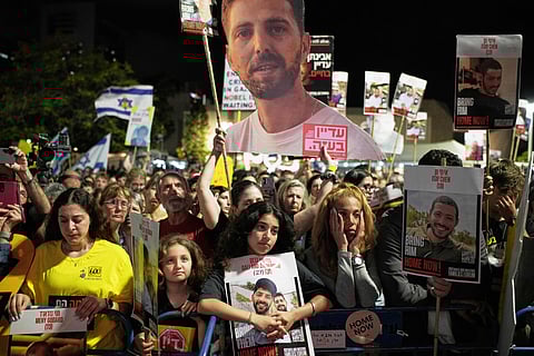 People attend a rally marking 600 days since Israelis were taken hostage by Hamas in Gaza, demanding their release and an end to the war, at a plaza known as the hostages square in Tel Aviv, Israel, on Wednesday, May 28, 2025.