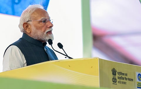 Prime Minister Narendra Modi addresses the foundation stone laying for a city gas distribution (CGD) project, in Alipurduar, West Bengal.