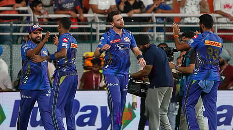 Mumbai Indians' players celebrate after their win in the Indian Premier League eliminator cricket match against Gujarat Titans at Maharaja Yadavindra Singh Cricket Stadium in Mohali, India, Friday, May 30, 2025.