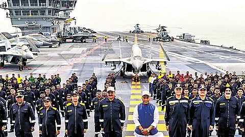 Rajnath Singh, Chief of Naval Staff Admiral Tripathi aboard INS Vikrant off Goa