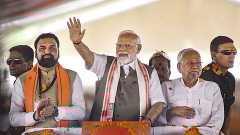 Prime Minister Narendra Modi, Bihar Chief Minister Nitish Kumar and Deputy Chief Minister Samrat Choudhary.