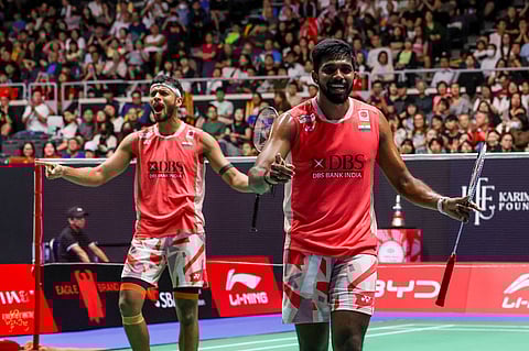 Chirag Shetty and Satwiksairaj Rankireddy rejoice after their quarterfinal match on Friday