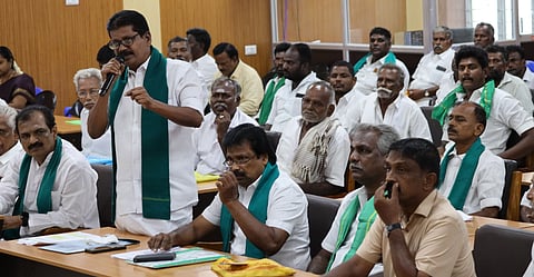 Farmers raising about issues during the farmer grievances meeting held at collectorate in Madurai on Friday