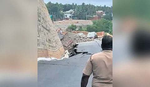 The section of NH 66 in Kooriyad, Malappuram caved in.