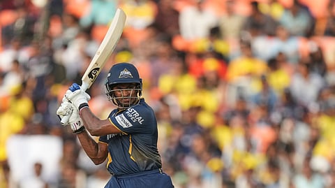 Gujarat Titans' Sai Sudharsan bats during the Indian Premier League cricket match between Gujarat Titans and Chennai Super Kings at Narendra Modi Stadium in Ahmedabad, India, Sunday, May 25, 2025.