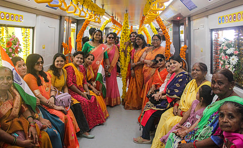 Women take a metro ride on the newly inaugurated 6km-long Super Priority Corridor of the Indore Metro (Photo | PTI)