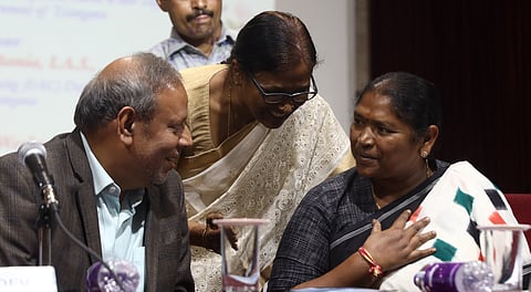 Panchayat Raj and Rural Development Minster Dansari Anasuya alias Seethakka interacts with dignitaries during the release of factsheets on "Well-being of the young people in Telangana" at the Centre For Economic and Social Studies in Hyderabad on Friday.