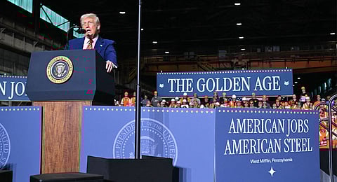 US President Donald Trump speaks during a visit to US Steel - Irvin Works in West Mifflin, Pennsylvania, May 30, 2025, to mark the deal between Nippon Steel and US Steel.