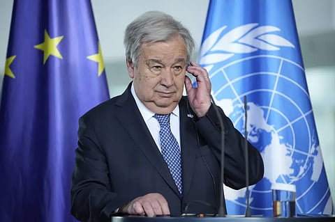 Secretary-General of the United Nations, Antonio Guterres, attends a joint press conference with German Chancellor Friedrich Merz, in the chancellory in Berlin, Germany, Wednesday, May 14, 2025.