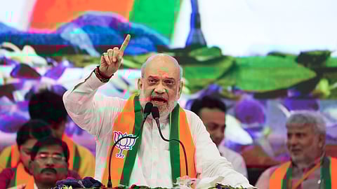 Union Home Minister and senior BJP leader Amit Shah addressing an organisational meeting of the party at Netaji Indoor Stadium in Kolkata on June 1, 2025.