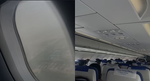 The clip shows a few passengers screaming and many holding on to the seat in front of them for balance.