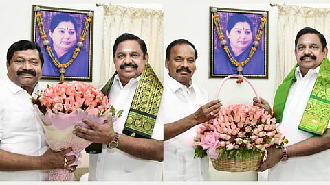 Former MLAs I S Inbadurai (L) and M Dhanapal (R) call on AIADMK general secretary Edappadi K Palaniswami and thanked him for nominating him for the Rajya Sabha.