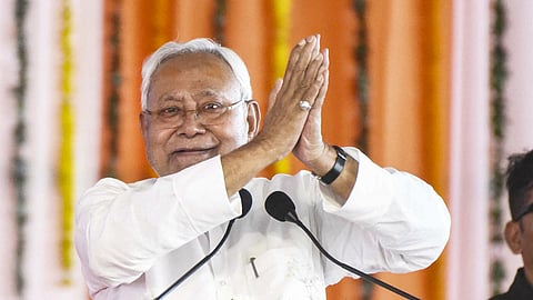 Bihar Chief Minister Nitish Kumar addresses a public meeting in Rohtas district, Bihar, Friday, May 30, 2025.