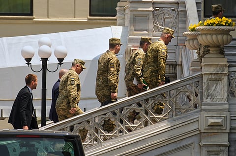 Members of the Ukrainian delegation arrive at the Ciragan Palace for Ukraine-Russia peace talks in Istanbul, Turkey, Monday, June 2, 2025.