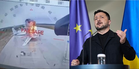 In this image taken from video released June 1, 2025, by a source in the Ukrainian Security Service shows a Ukrainian drone striking Russian planes deep in Russia's territory. (L). Ukraine's President Volodymyr Zelenskyy gestures during a news conference at the chancellery in Berlin, Germany, Wednesday, May 28, 2025. (R).