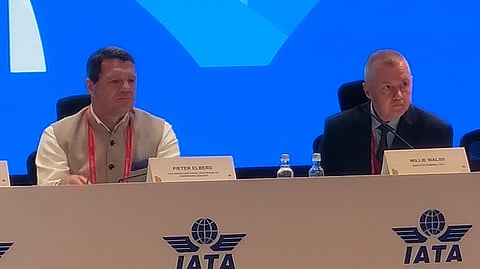Indigo CEO Pieter Elbers (L) and Willie Walsh, Director General of IATA, briefing the media on Monday.