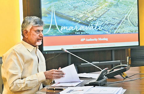 CM Chandrababu Naidu during a review meeting with CRDA officials at the State Secretariat in Velagapudi on Monday