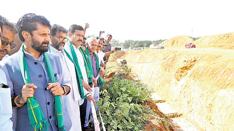 State BJP president BY Vijayendra and other party leaders inspect Hemavathi express canal site near Tumakuru on Tuesday.