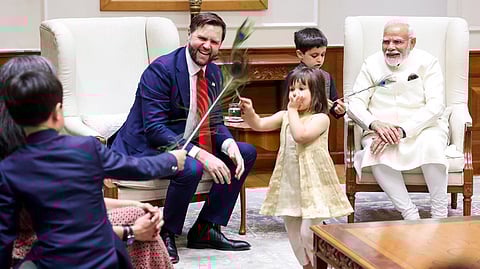 In this photo from April 21, 2025, Prime Minister Narendra Modi meets US Vice President JD Vance, Second Lady Usha Vance and their children Ewan, Vivek and Mirabel at his official residence in New Delhi.