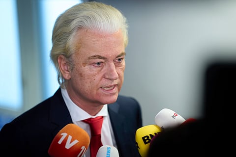 Far-right lawmaker Geert Wilders talks to the media after pulling his party out of the four-party Dutch coalition in The Hague, Netherlands, Tuesday, June 3, 2025.