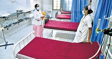 Wards at Government Royapettah Hospital in Chennai being readied in view of the rising Covid cases in the state.