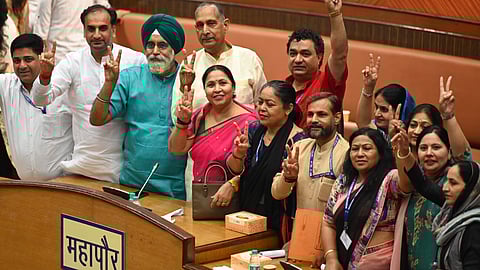BJP Councillor and former East Delhi Mayor Satya Sharma (Red Saree ) along with Delhi Mayor Raja Iqbal Singh, Delhi Deputy Mayor Jai Bhagwan Yadav and other Councillors showing victory Sine Election of Chairman Standing committee after win during the Election of Chairman Standing committee of MCD at Civic Centre in New Delhi, on Tuesday, June 03, 2025