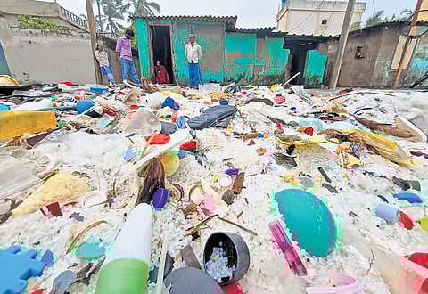Millions of plastic nurdles blanket the sands of Cheriyathura beach in Thiruvananthapuram on Wednesday