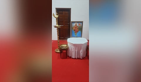 The picture of Bharat Mata that was kept at the venue of the World Environment Day programme scheduled at the Raj Bhavan on Thursday.