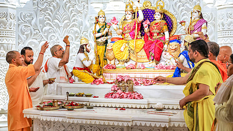 Uttar Pradesh Chief Minister Yogi Adityanath attends the consecration ceremony of Shri Ram Darbar and other deity idols at the Shri Ram Janmabhoomi temple, in Ayodhya, Thursday, June 5, 2025.