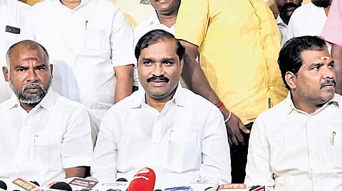 T Velmurugan speaking to reporters in Cuddalore on Thursday