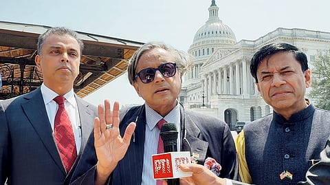 Congress MP Shashi Tharoor along with other members of his delegation talks to media after a meeting with senior members of the US Senate Foreign Relations Committee and Senate Intelligence Committee, in Washington DC, USA,