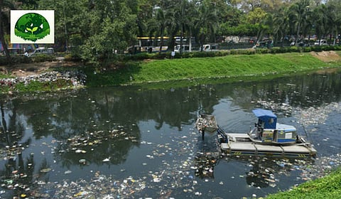A corporation worker can be seen removing plastic waste in Eluru canal at Tummalapalli Kalashetram in Vijayawada using a Truxor Amphibious Machine. (Inset: World Environment Day logo.)