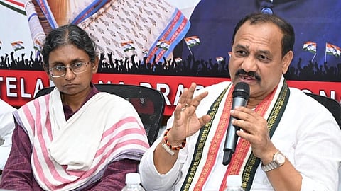 TPCC chief Mahesh Kumar Goud speaks as AICC state in-charge Meenakshi Natarajan looks on during a review meeting at Gandhi Bhavan in Hyderabad on Friday.