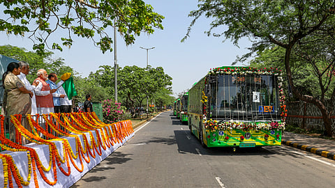 Prime Minister Narendra Modi flags off electric buses under the Delhi Governments sustainable transport initiative, on the occasion of World Environment Day, in New Delhi, Thursday