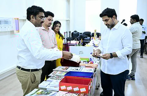 HRD and IT Minister Nara Lokesh on Friday inspected the various types of kits to be provided to government schools in the next academic year.
