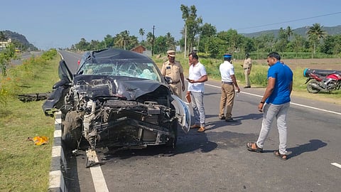 Police personnel investigate at the site after C.P. Chacko, father of Malayalam actor Shine Tom Chacko, was killed in a road accident on Dharmapuri national highway near Palacode, in Dharmapuri district, Tamil Nadu, Friday, June 6, 2025.