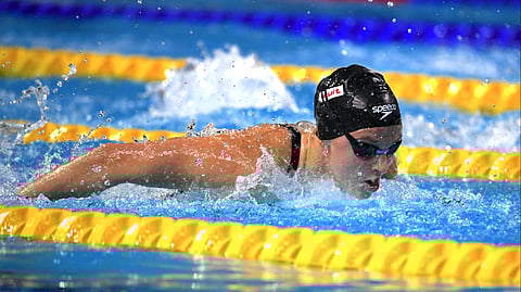 In this photo from Dec. 14, 2024, Canada’s Summer McIntosh competes to win the Women’s 400 meters Individual Medley final during the World Aquatics Swimming Championships (25 m) 2024 at Duna Arena in Budapest.