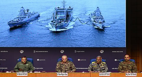 In this photo from May 11, 2025, Director General of Military Operations (DGMO) Lt. General Rajiv Ghai with Air Marshal AK Bharti, Vice Admiral AN Pramod and Major General SS Sharda during a press conference on 'Operation Sindoor' in New Delhi.