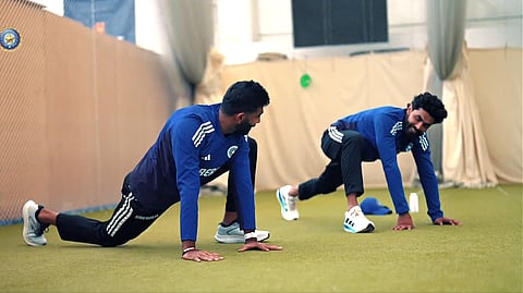 India's Jasprit Bumrah and Ravindra Jadeja train with the rest of the squad at the Lord's Cricket Ground's indoor facility in London.
