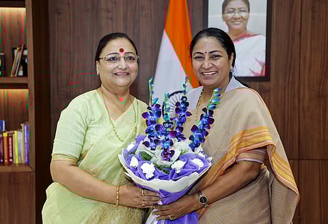 Delhi Chief Minister Rekha Gupta with Special Olympics Bharat President Dr. Mallika Nadda during a review meeting on 'Sugamya Delhi Abhiyan' at Delhi Secretariat.