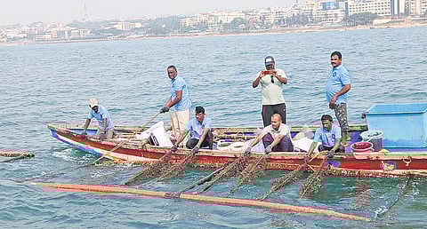 HDPE raft-based tube net method to harvest seaweed in Visakhapatnam
