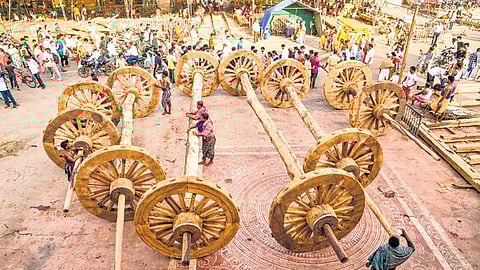 Construction of the chariots underway at Grand Road in Puri.