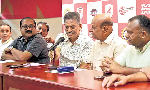 Regional Sports Centre secretary S A S Navaz and Kerala Basketball Association officials addressing the media in Kochi on Monday