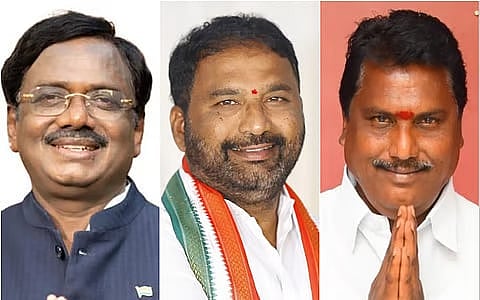 Governor Jishnu Dev Varma administers the oath to G Vivek, Adluri Laxman Kumar and Vakiti Srihari at Raj Bhavan on Sunday