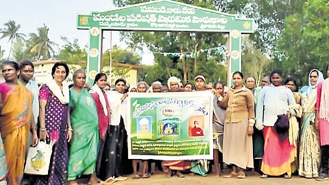 Villagers staging protest outside Duppalapadu school.