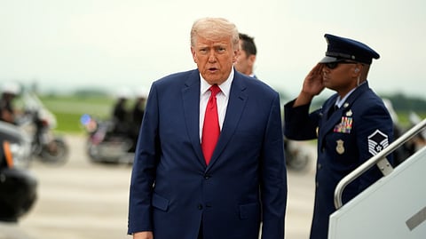 US President Donald Trump arrives at Hagerstown Regional Airport, in Hagerstown, Maryland, Sunday, June 8, 2025