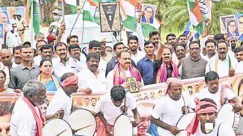 TPCC chief Mahesh Kumar Goud participates in the ‘Jai Bapu, Jai Bhim, Jai Samvidhan’ rally in Hyderabad on Tuesday